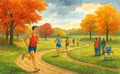 Illustration of runners on a grassy cross-country course transitioning from cloudy weather to sunlight at a school-hosted meet.