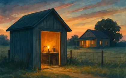 Rural Kansas homestead illustration with work tools and warm evening light representing a life of skilled labor and community generosity.
