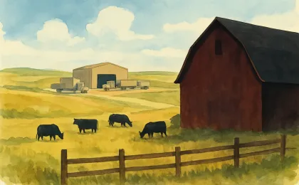 Illustration of Kansas prairie pasture with cattle and ranch structures symbolizing beef market stability.