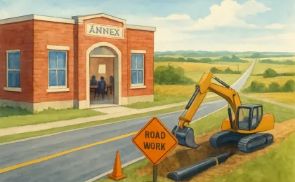 Illustration showing a rural road work zone near a county annex, representing a road-boring permit for pipeline utility work