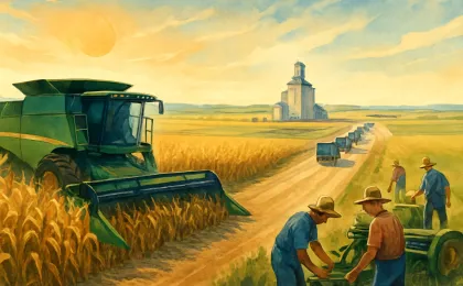 A combine harvesting corn and grain trucks hauling to a distant rural elevator under visible heat haze.