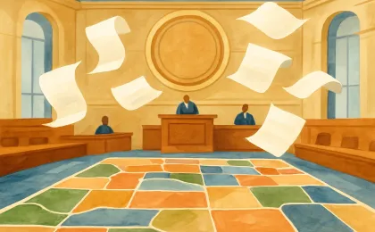 An abstract illustration of a Senate chamber with ceremonial scrolls and a Kansas-colored mosaic representing civic recognition.