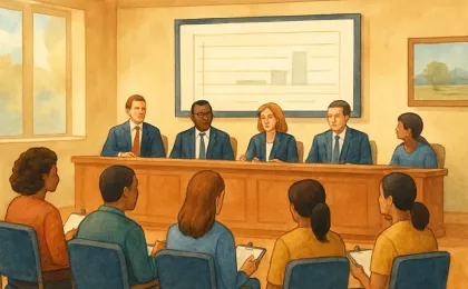 Civic chamber scene showing local officials and community note-takers reviewing a budget ledger behind a commission table.