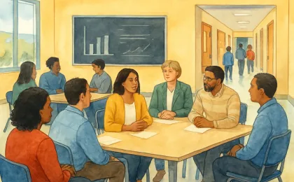 Parents and educators in a school community room evaluating staffing and budget charts while considering keeping schools open.