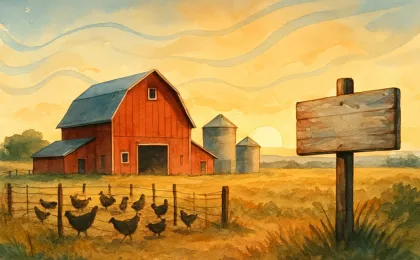 Rural farm scene with barns and poultry pens, accompanied by subtle abstract forecast lines in the sky.