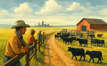 Illustration of cattle near ranch loading chutes on the Kansas plains with people tending the herd and facilities in the distance.