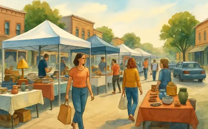 People browse outdoor flea market vendor tables on a sunny weekend street.