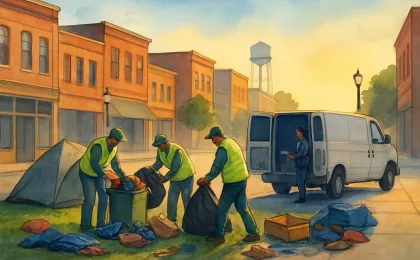 A winter-dressed street scene showing a temporary campsite being cleared and personal belongings being collected near an outreach vehicle.