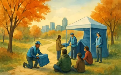 Artwork showing an outreach team supporting people near a wooded park area during a planned encampment transition.