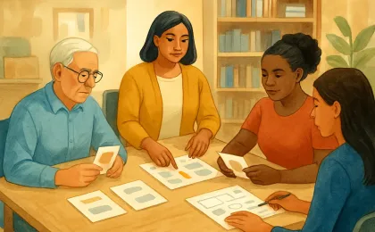 People participating in supportive hands-on learning simulations in a community and library-like setting.
