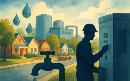 Illustration of Wichita homes and a municipal water treatment facility after a power disruption, with a household faucet and water safety emphasis.