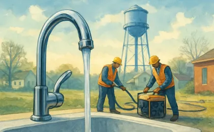 Illustration of clear tap water returning to normal service in Wichita after a storm-related utility issue.