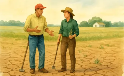 A conservation-focused scene with a dry agricultural field and two people reviewing soil health in Kansas-like landscape conditions.
