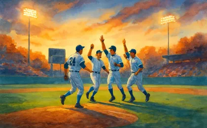 Illustration of a college baseball game with Wichita State players celebrating on the base paths under stadium lights