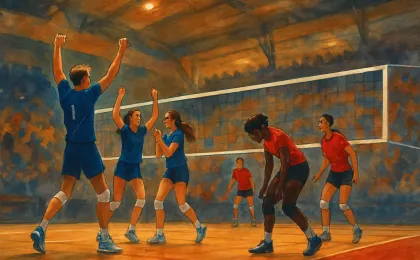 Illustration of an indoor volleyball match in a Kansas college arena, players jumping near the net under warm lights.