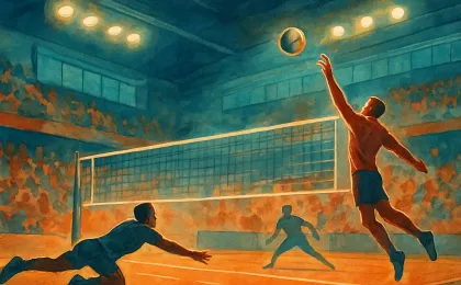 Illustration of an indoor volleyball match in an arena with players diving and spiking under bright lights.