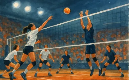 A dynamic illustration of a volleyball match inside an indoor arena under bright lights, with players mid-action around the net and a ball in flight.