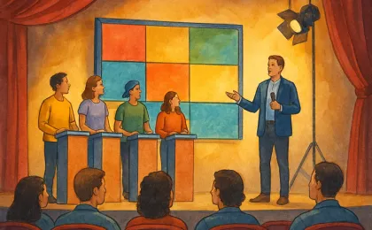 A warmly lit theater stage with students and an interactive game board during a live event