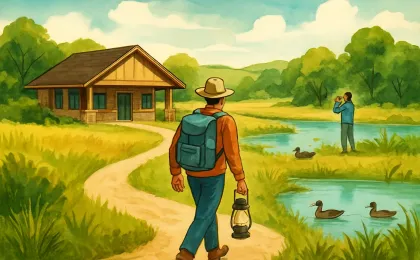 Illustration of a Kansas outdoor recreation scene with a state-park style visitor path, a pond with ducks, and wildlife viewing in the distance.
