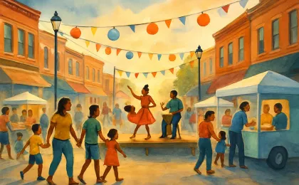 A street festival scene with community performers, vendor booths, and neighbors celebrating along a historic brick-lined street.