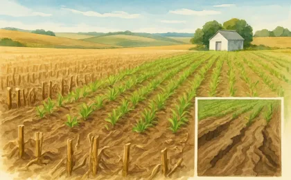 Illustration of a post-corn field where cereal rye cover crop is planted and protects soil from erosion and runoff.
