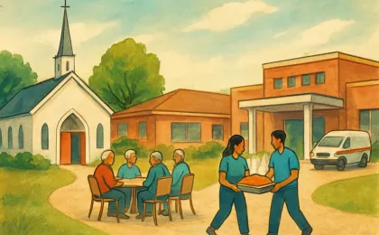Illustration of community volunteers and a church and senior center setting representing local support and fellowship.