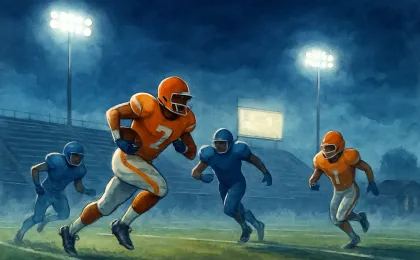 Stadium-lit football field at night with two running backs driving forward through defenders in cold air
