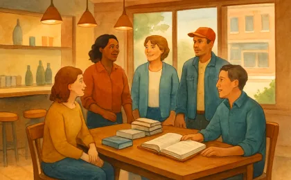People gathered at a small downtown soda shop for a local book signing event, with books on a display table and friendly conversation in the background.
