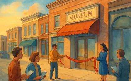An illustration showing a ribbon-cutting at a downtown museum entrance in a historic neighborhood.