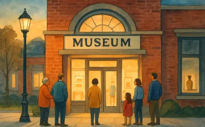 A community gathering outside a warm-lit museum entrance in a historic neighborhood street scene