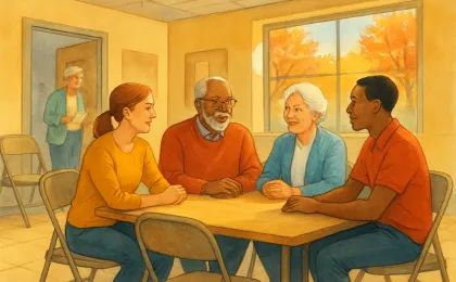 Students and seniors gathered in a community center for a warm volunteer day interaction