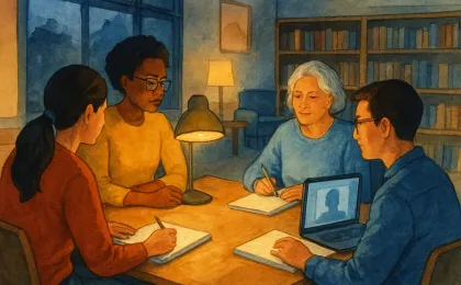 A moody, cozy library-style classroom with people planning spooky stories at tables while a laptop indicates remote participation.