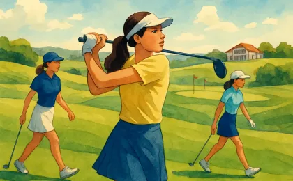 Illustration showing a high school girls golf team playing on a sunny course with golfers and a green in the background