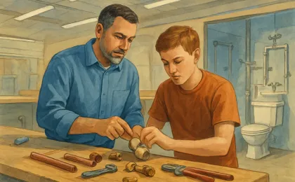 Instructor and student collaborating in a hands-on plumbing training workshop setting.