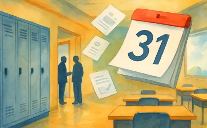 An illustration of a quiet school hallway with staff discussing schedule paperwork as a new-year calendar page turns.