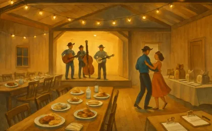 A warm, Western-themed community dance scene with a live band, diners, and an auction table in the background.