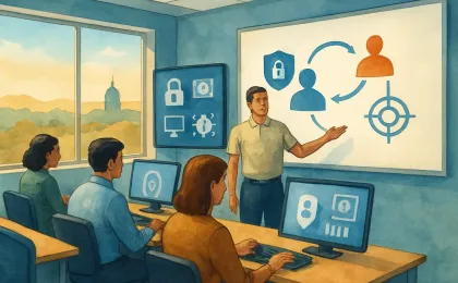Students learning cybersecurity at a community college with collaborative attacker-defender visual elements on a classroom display