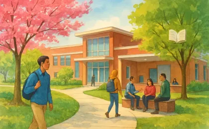 Kansas spring campus scene with students gathering outdoors and moving between buildings, suggesting community college support and learning options