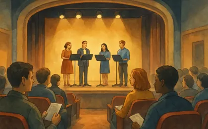 Warmly lit campus theater scene showing vocal performers preparing to sing before an attentive audience.