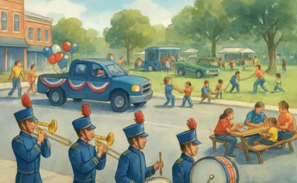 Artistic depiction of a Kansas town parade and park festival with bands, cars, food trucks, and community events