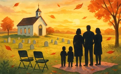 Illustration of a small chapel and quiet cemetery in rural Kansas with a community gathering atmosphere.