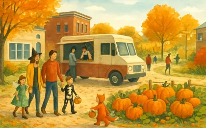 Families enjoying an autumn festival in a small Kansas town courtyard with pumpkins, crafts, and a cozy prairie-trail atmosphere.