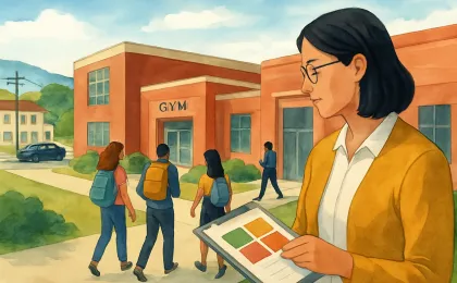 Editorial illustration showing students heading to school activities with a counselor reviewing eligibility guidelines and a community backdrop.
