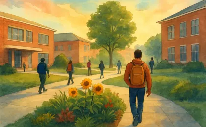 Students walk across a campus courtyard with morning light and a welcoming community college atmosphere.