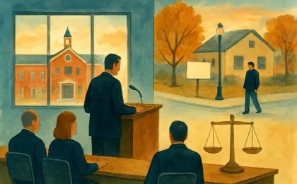 An illustration of a school board meeting scene alongside a separate home yard-sign moment, symbolizing ethics guidance and protected speech.