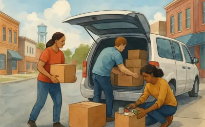 Volunteers loading donated supplies into a van trunk in a small-town setting