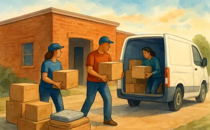Volunteers loading donated supplies into a van in a neighborhood loading area.