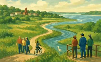 Illustration of a protected river valley with a trail, native plants, wildlife habitat, and people enjoying outdoor recreation near a Midwestern lake.