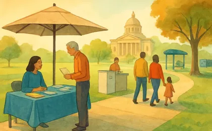 Illustration showing residents heading to a community voting event near a park with a ballot drop feature and helpful check-in setup.