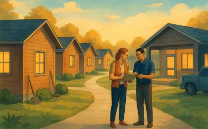 Illustration of a calm community shelter area with cabin-like housing units and volunteers discussing a maintenance and care plan.